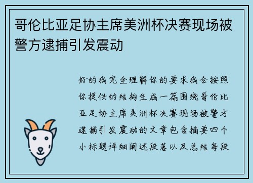哥伦比亚足协主席美洲杯决赛现场被警方逮捕引发震动 哥伦比亚足协主席美洲杯决赛现场被警方逮捕引发震动